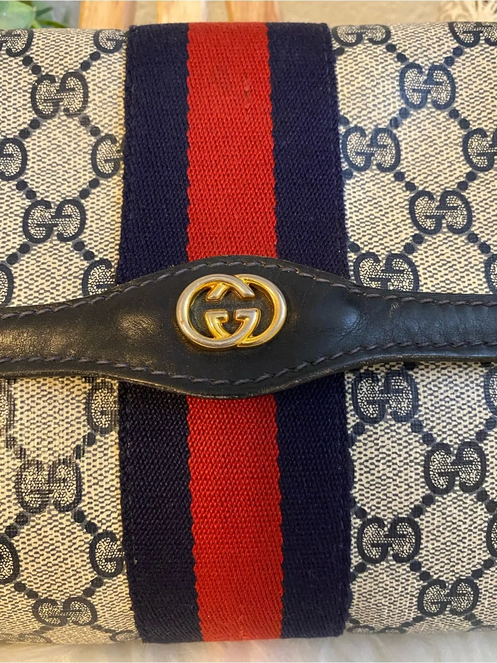Gucci Parfume Beige/Navy/Red GG Canvas Fold-Over Clutch or Pouch with Web Stripe